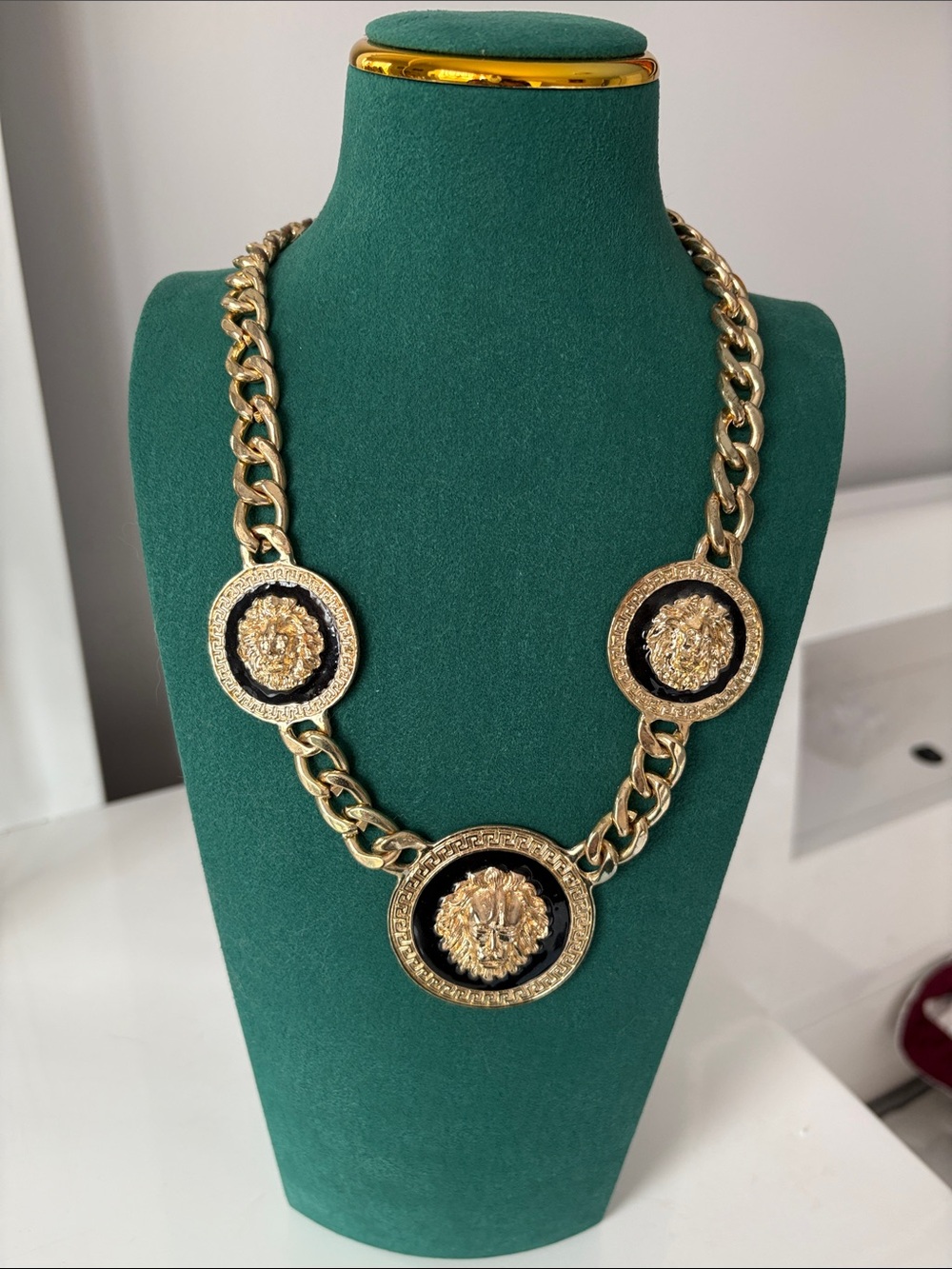 Gold Lion Medallion Chain Necklace with Black Enamel Accents